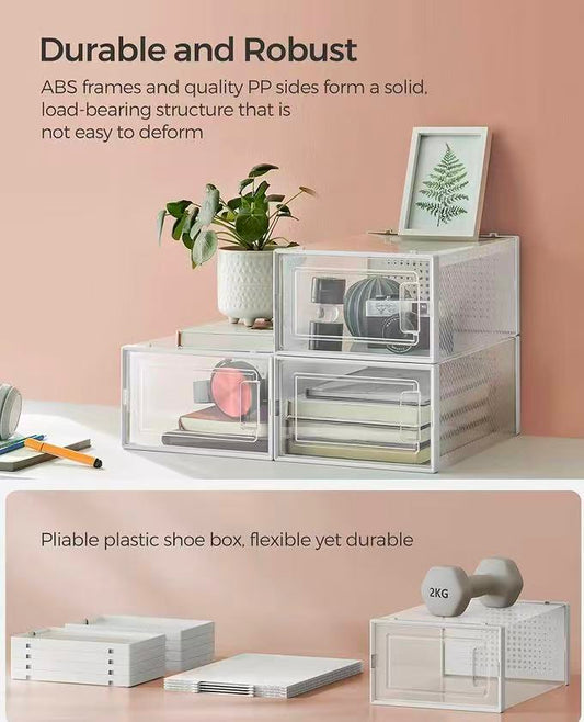 Foldable Shoe Boxes, Pack of 12 Shoe Storage Organizers, Stackable Clear Plastic Boxes for Closet, Fit up to US Size 11, Transparent and Whitev