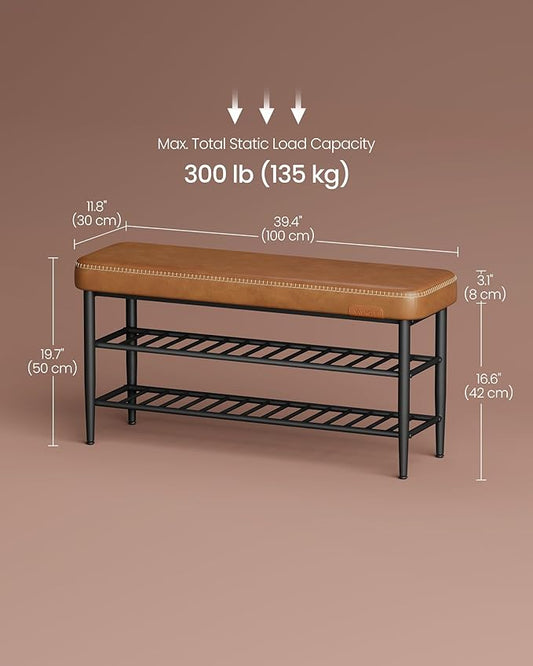 Shoe Storage Bench, Shoe Rack Bench Entryway, Synthetic Leather with Stitching, Mid-Century Modern, Loads 135 kg, 30 x 100 x 50 cm, Ink Black