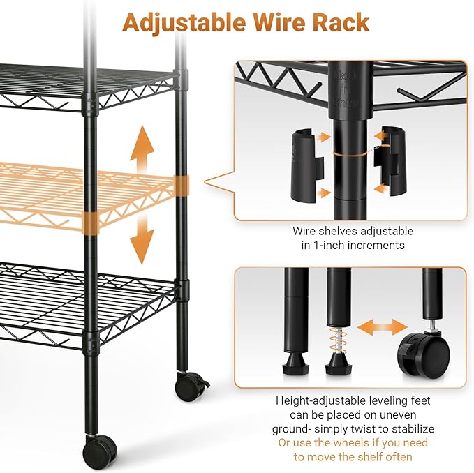 Heavy Duty 5-Tier Storage Rack with Wheels 76Lx36Wx158H, Shelf Shelving Unit 1250Lb Capacity, 29.92" D x 13.98" W x 62.99" H, Black