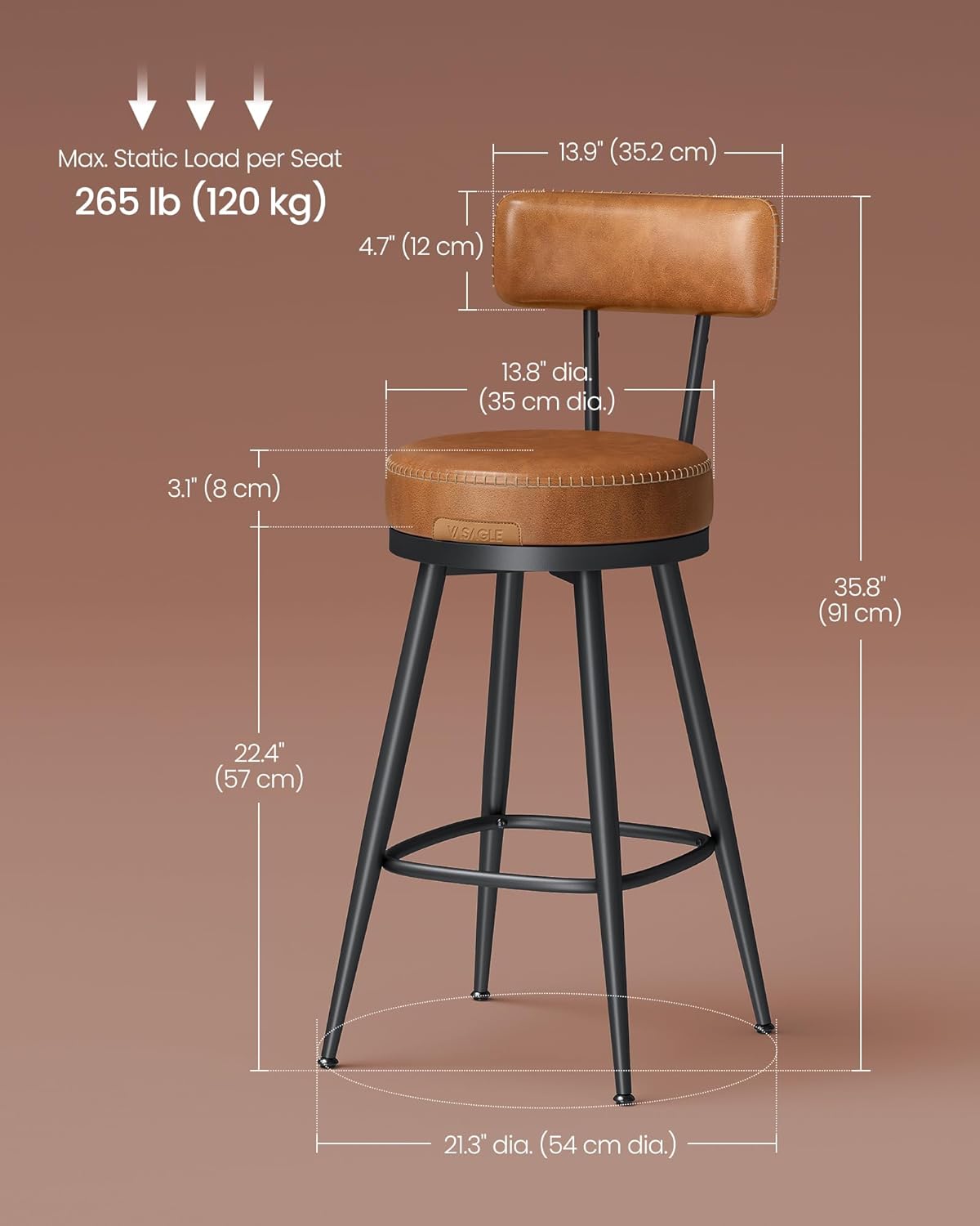 Premium Bar Stools Set of 2, Swivel Counter Height Bar Stools with Back, Synthetic Leather with Stitching, Mid-Century Modern, 25.6-Inch Tall Barstools for Kitchen Bar, Caramel Brown