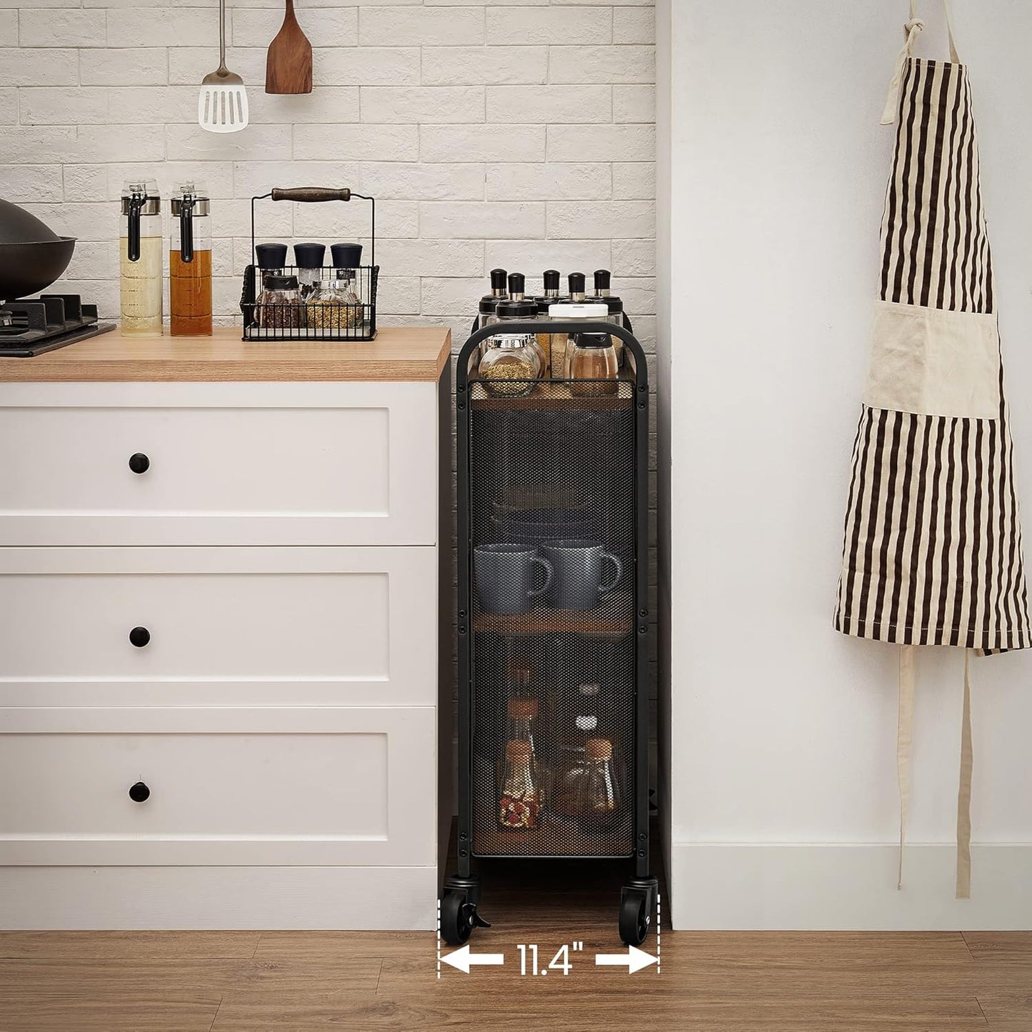 3-Tier Narrow Storage Cart, Rolling Cart with Wheels, Steel Frame, Slim Storage Cart for Kitchen, Dining Room, Laundry Room, Adjustable Feet Included, Industrial Style, Rustic Brown and Black