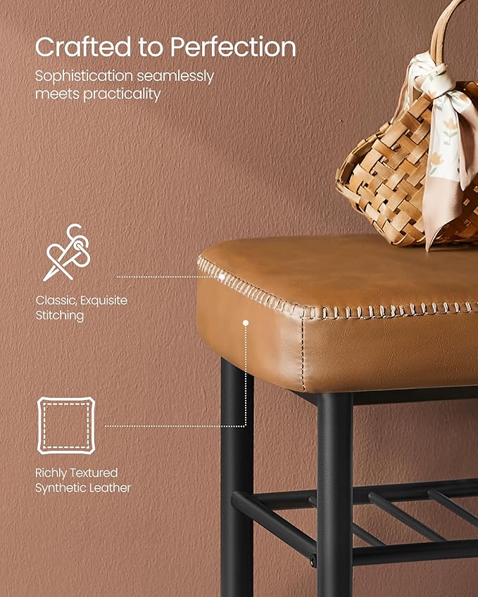 Shoe Storage Bench, Shoe Rack Bench Entryway, Synthetic Leather with Stitching, Mid-Century Modern, Loads 135 kg, 30 x 100 x 50 cm, Ink Black