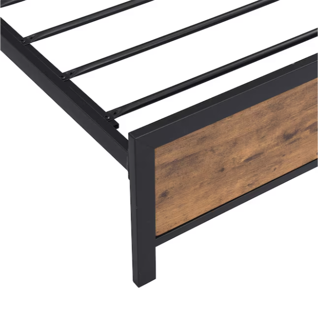 Queen Size Bed Frame, Bed Frame with Charging Station and LED Lights, Metal Shelves Non-Slip, Noise-Free, Easy Assembly, No Box Springs Needed, Rustic Brown and Black