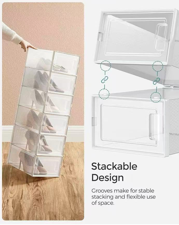 Foldable Shoe Boxes, Pack of 18 Shoe Storage Organizers, Stackable Clear Plastic Boxes for Closet, Fit up to US Size 11, Transparent and White
