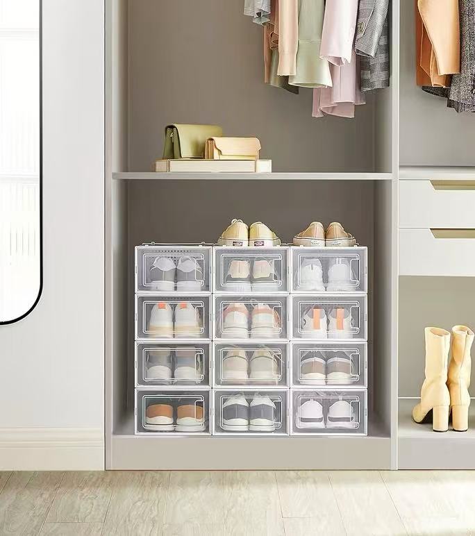 Foldable Shoe Boxes, Pack of 12 Shoe Storage Organizers, Stackable Clear Plastic Boxes for Closet, Fit up to US Size 11, Transparent and Whitev