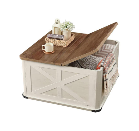 Vintage Style Coffee Table with Storage, Square Coffee Table for Living Room, Center Table with Flip-Top Lids, Honey Brown and Rustic White