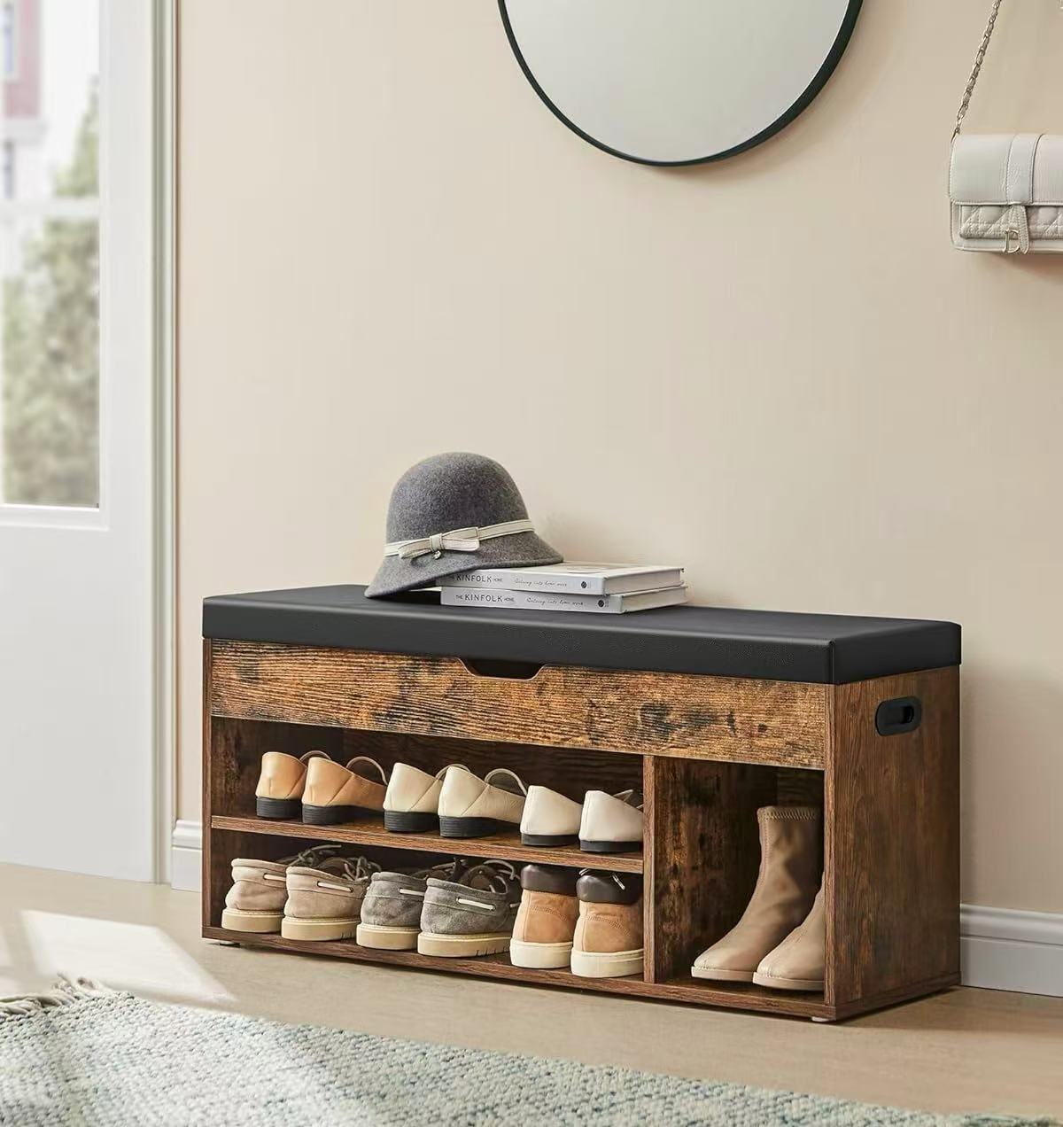 Wooden Storage Bench with Cushion, Shoe Bench with Padded Seat, 3 Compartments, Hidden Storage, Hallway Bedroom, Load Capacity 330 lb, 11.8 x 39.4 x 17.3 Inches, Rustic Brown and Ink Black