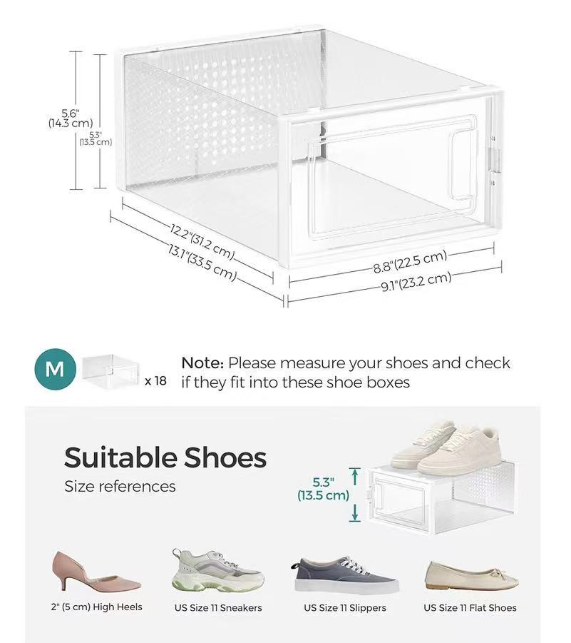 Foldable Shoe Boxes, Pack of 18 Shoe Storage Organizers, Stackable Clear Plastic Boxes for Closet, Fit up to US Size 11, Transparent and White