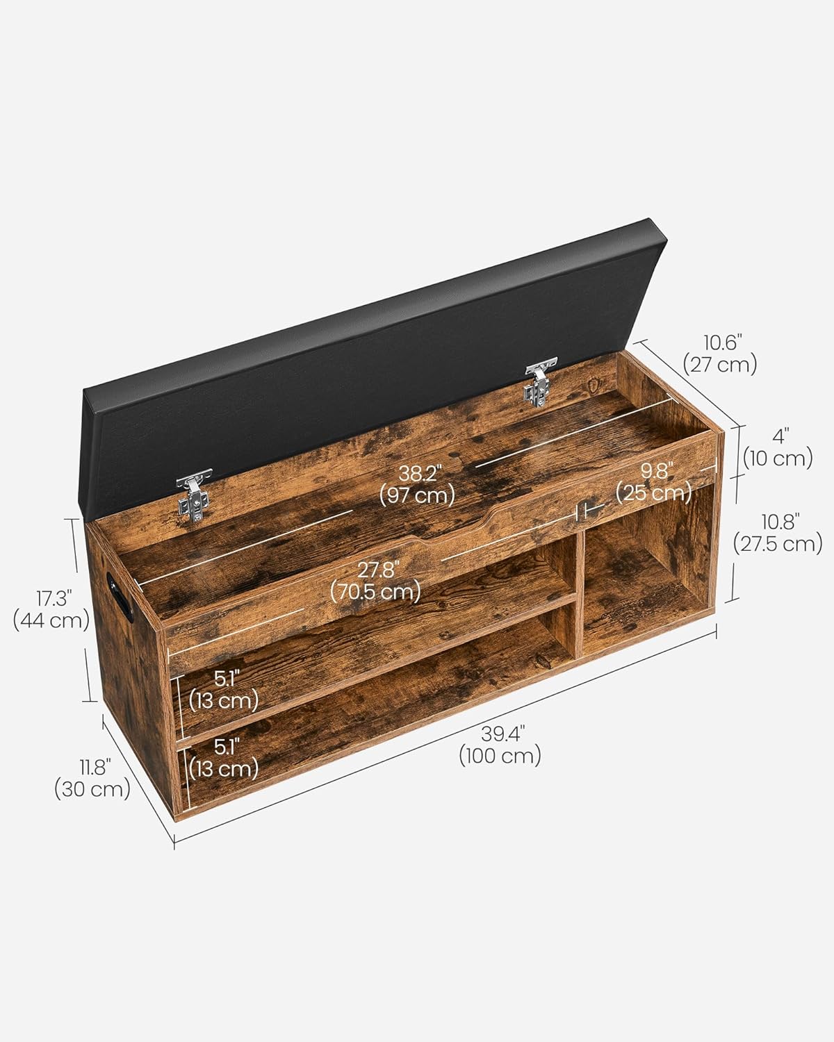 Wooden Storage Bench with Cushion, Shoe Bench with Padded Seat, 3 Compartments, Hidden Storage, Hallway Bedroom, Load Capacity 330 lb, 11.8 x 39.4 x 17.3 Inches, Rustic Brown and Ink Black