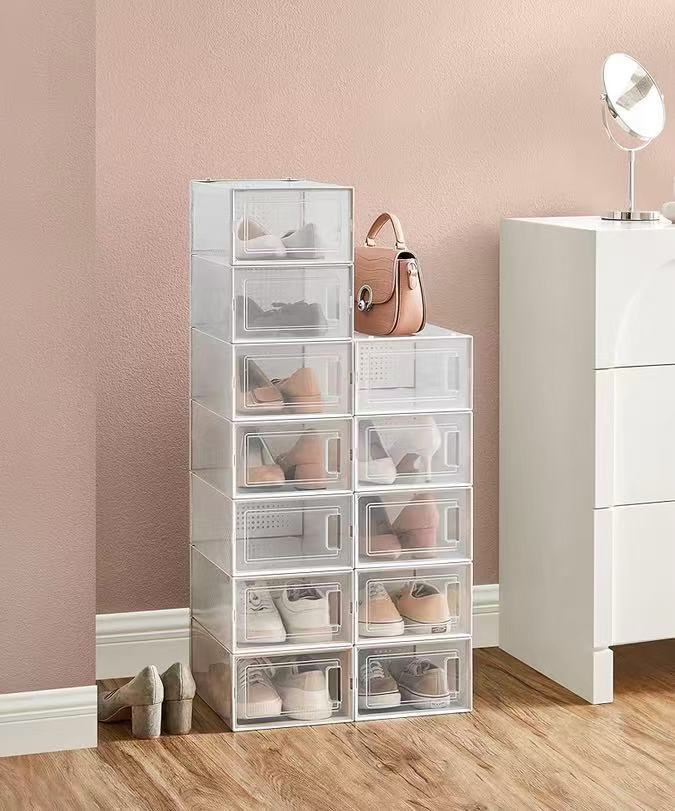 Foldable Shoe Boxes, Pack of 12 Shoe Storage Organizers, Stackable Clear Plastic Boxes for Closet, Fit up to US Size 11, Transparent and Whitev