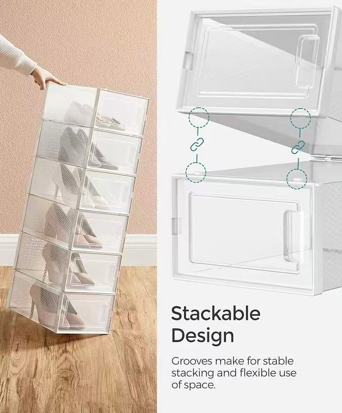 Foldable Shoe Boxes, Pack of 12 Shoe Storage Organizers, Stackable Clear Plastic Boxes for Closet, Fit up to US Size 11, Transparent and Whitev