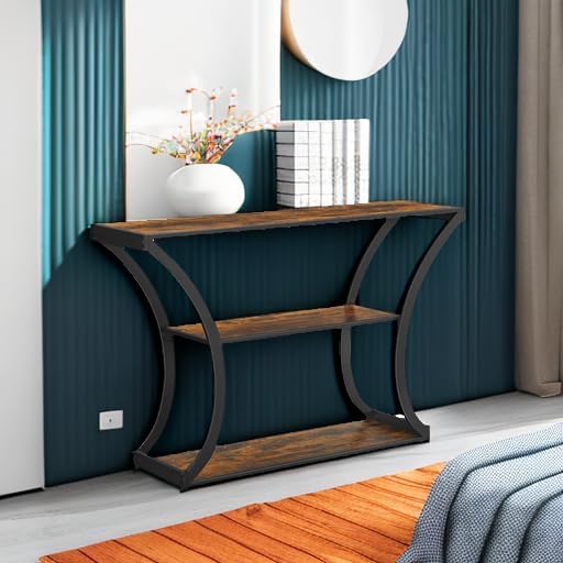 Console Table with Curved Frames and 2 Open Shelves, for Hallway, Entryway Living Room, Rustic Brown + Black
