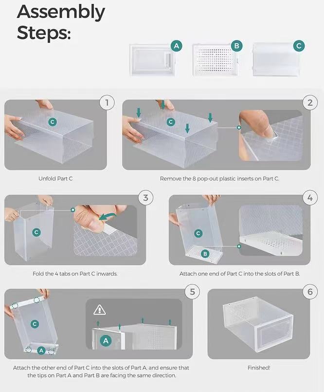 Foldable Shoe Boxes, Pack of 12 Shoe Storage Organizers, Stackable Clear Plastic Boxes for Closet, Fit up to US Size 11, Transparent and Whitev