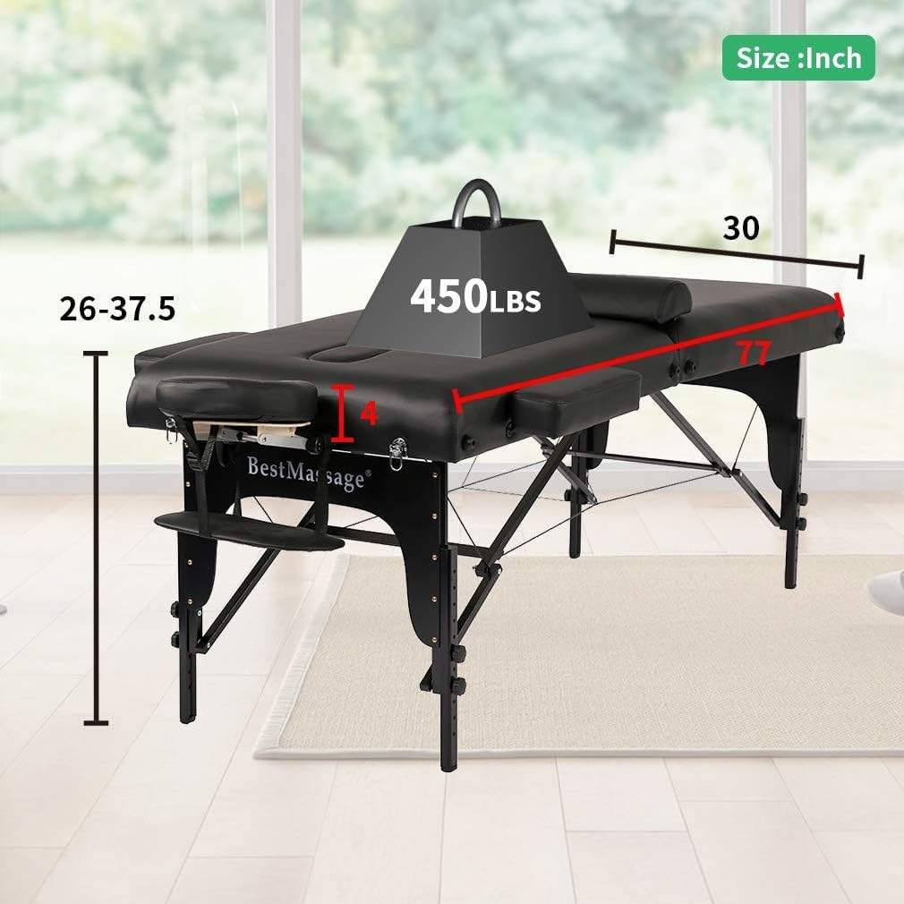 BestMassage Massage Table, Portable Massage Bed, Spa Bed, 77 Inches Long 30 Inches Wide Height, Adjustable 4 Inches Memory Sponge 2 Fold PU Bed, Carry Case, Facial Cradle, Salon Table