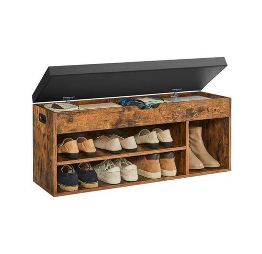 Wooden Storage Bench with Cushion, Shoe Bench with Padded Seat, 3 Compartments, Hidden Storage, Hallway Bedroom, Load Capacity 330 lb, 11.8 x 39.4 x 17.3 Inches, Rustic Brown and Ink Black