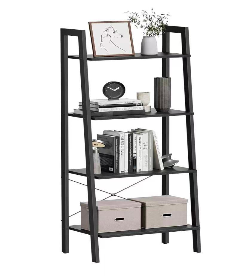 4-Tier Bookshelf, Storage Rack, Bookcase with Steel Frame, for Living Room, Home Office, Kitchen, Bedroom, Industrial Style, Ladder Shelf,  Matte Black