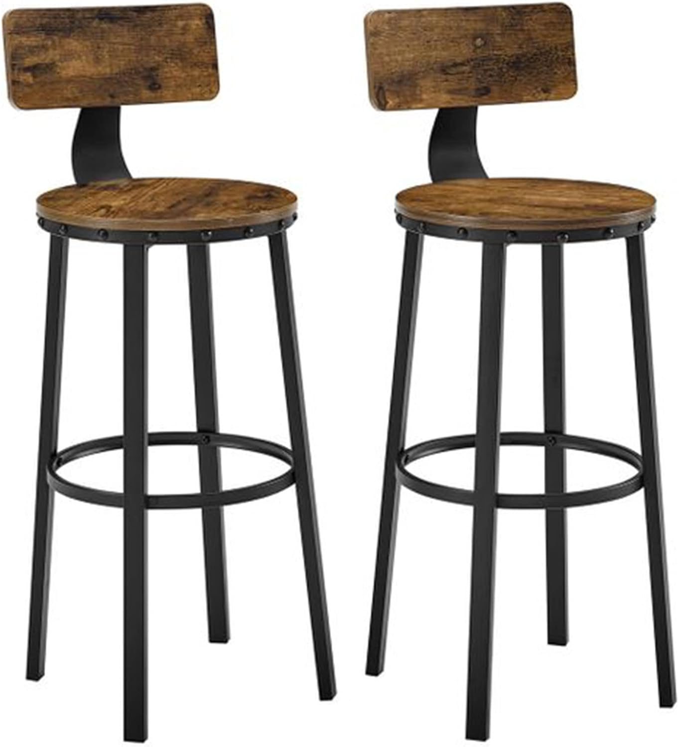 Set of 2 Wooden Bar Stools With Back, Counter Stools, Bar Chairs with Backrest, 28.7-Inch Tall Seat, Rustic Brown and Black