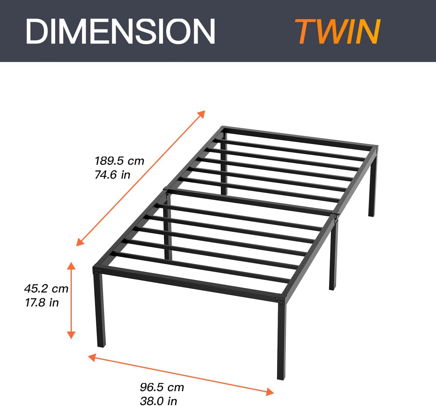 Twin Size Metal Bed Frame Sturdy Steel Slats Noise-Free Easy Assembly No Box Spring Required with Under-Bed Storage Easy Assembly and Ample Under-Bed Storage, Black