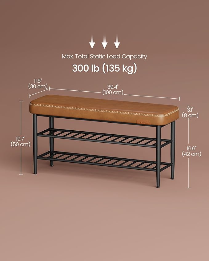 Shoe Storage Bench, Shoe Rack Bench Entryway, Synthetic Leather with Stitching, Mid-Century Modern, Loads 135 kg, 30 x 100 x 50 cm, Ink Black