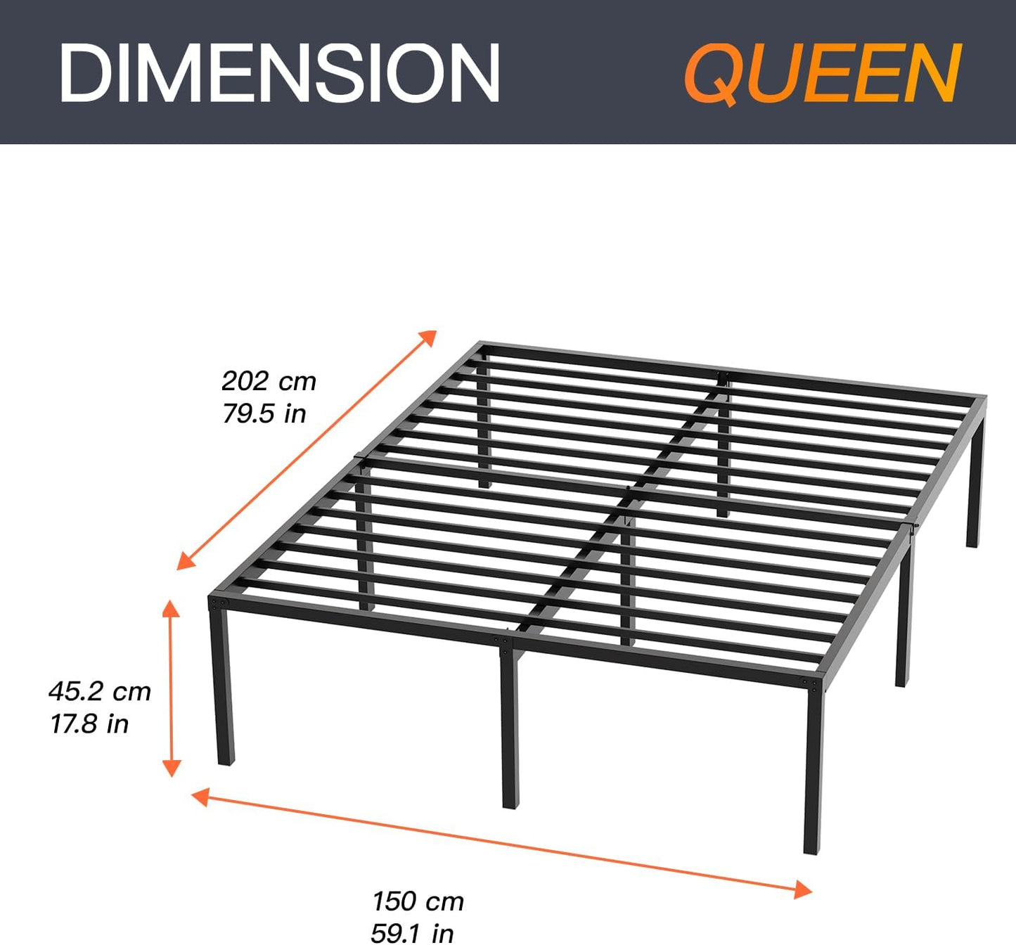 Queen Size Metal Bed Frame Sturdy Steel Slats Noise-Free Easy Assembly No Box Spring Required with Under-Bed Storage Easy Assembly and Ample Under-Bed Storage, Blackv