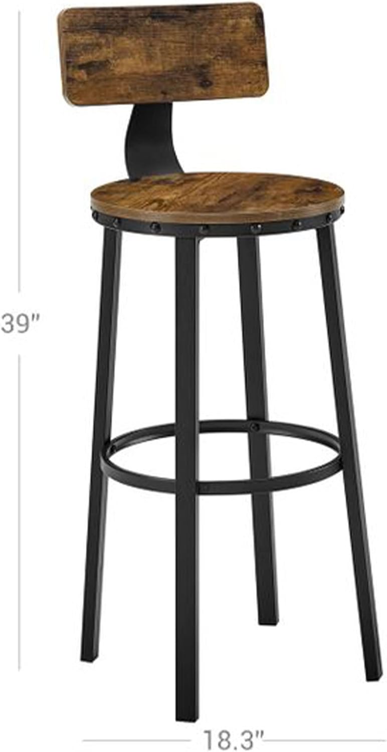 Set of 2 Wooden Bar Stools With Back, Counter Stools, Bar Chairs with Backrest, 28.7-Inch Tall Seat, Rustic Brown and Black