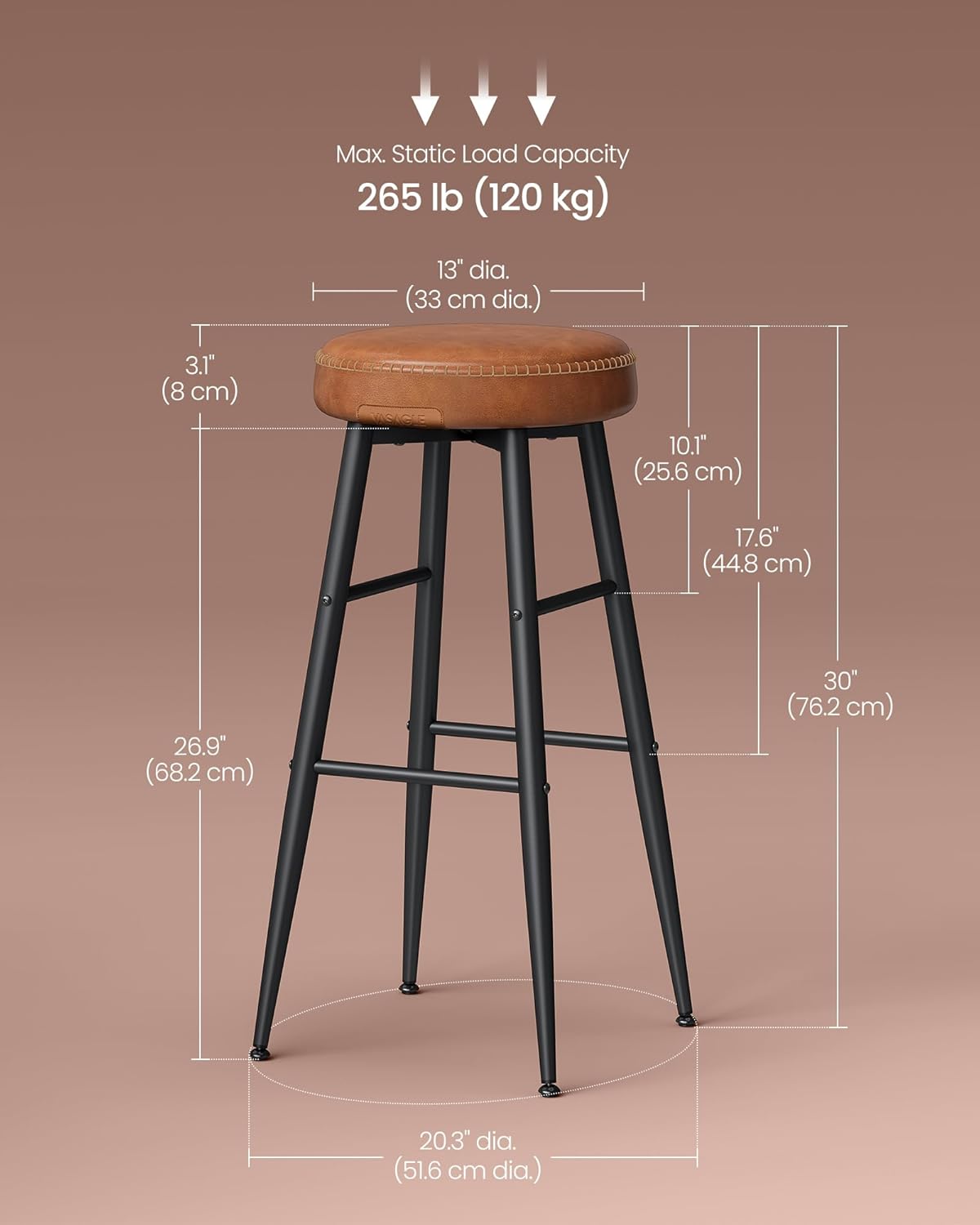 Bar Stools Set of 2, Kitchen Counter Stools, Dining Chairs, Synthetic Leather with Stitching, 30-Inch Tall, Home Bar Dining Room, Easy Assembly, Caramel Brown