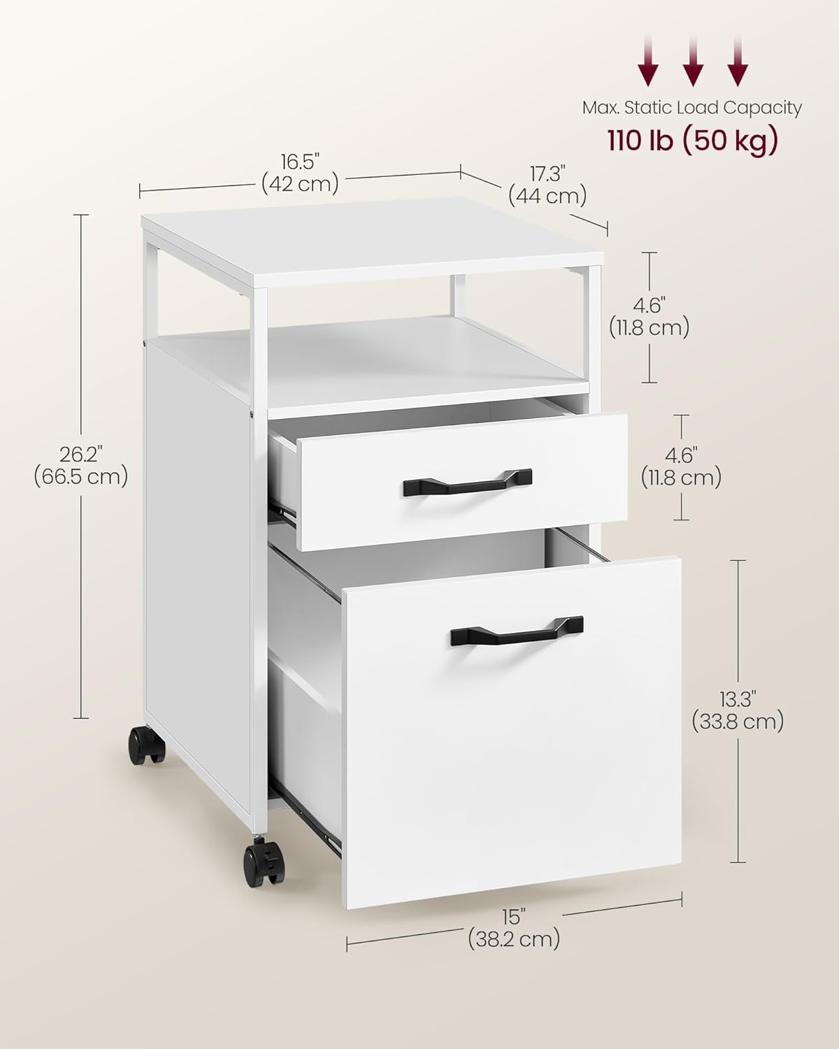 Metal File Cabinet, Mobile Filing Cabinet with Wheels, 2 Drawers, Open Shelf, for A4, Letter Size, Hanging File Folders, Cloud White
