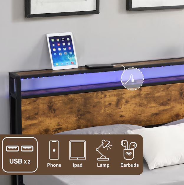 Queen Size Bed Frame, Bed Frame with Charging Station and LED Lights, Metal Shelves Non-Slip, Noise-Free, Easy Assembly, No Box Springs Needed, Rustic Brown and Black
