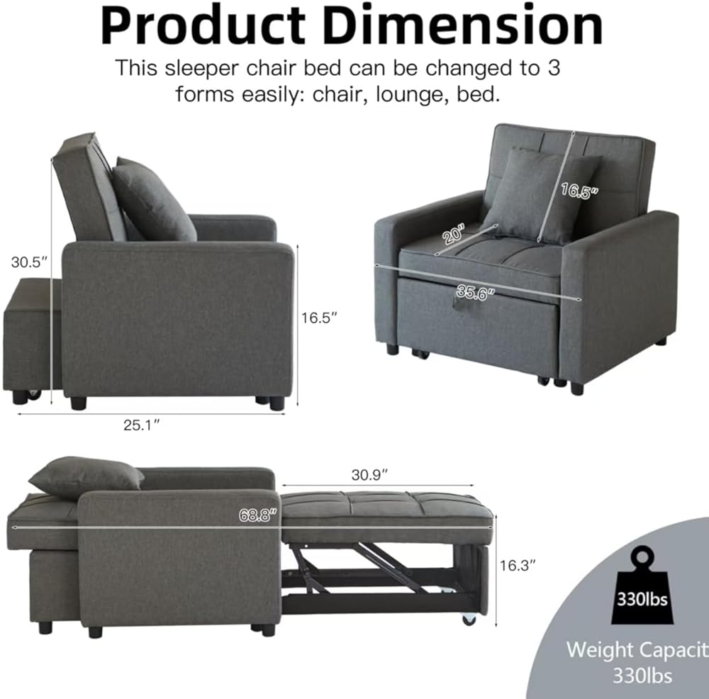 Sofa Bed Chair Convertible, Sleeper Sofa with Pull-Out Bed, 3-in-1 Futon Couch with Reclining Backrest and Side Pocket (Grey, 71.2’)