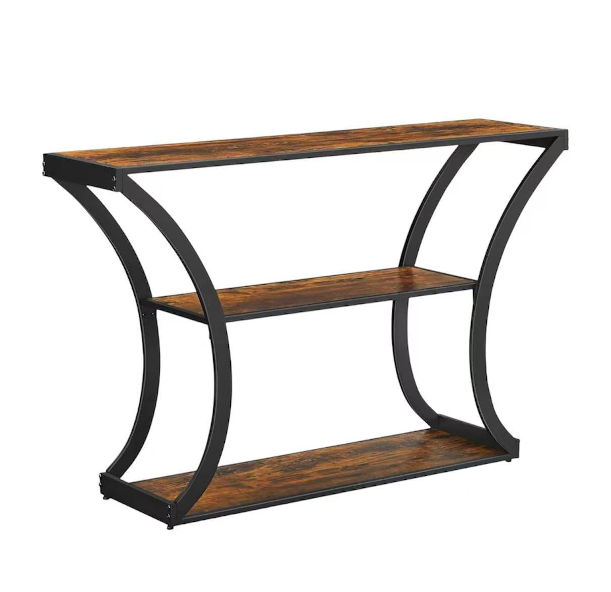 Console Table with Curved Frames and 2 Open Shelves, for Hallway, Entryway Living Room, Rustic Brown + Black