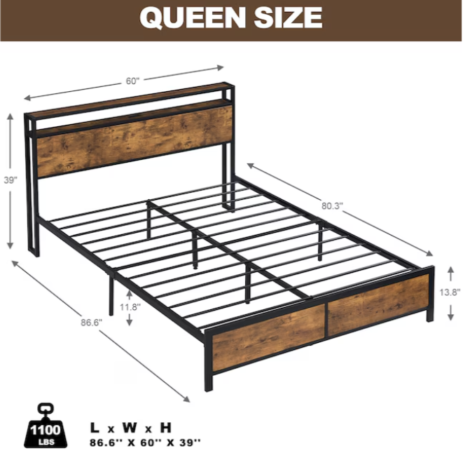 Queen Size Bed Frame, Bed Frame with Charging Station and LED Lights, Metal Shelves Non-Slip, Noise-Free, Easy Assembly, No Box Springs Needed, Rustic Brown and Black
