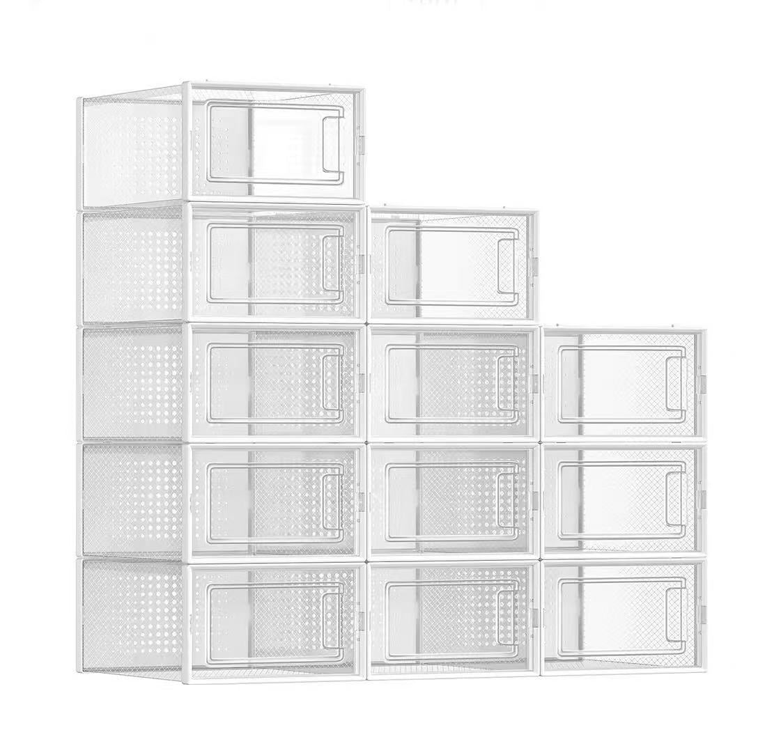 Foldable Shoe Boxes, Pack of 12 Shoe Storage Organizers, Stackable Clear Plastic Boxes for Closet, Fit up to US Size 11, Transparent and Whitev