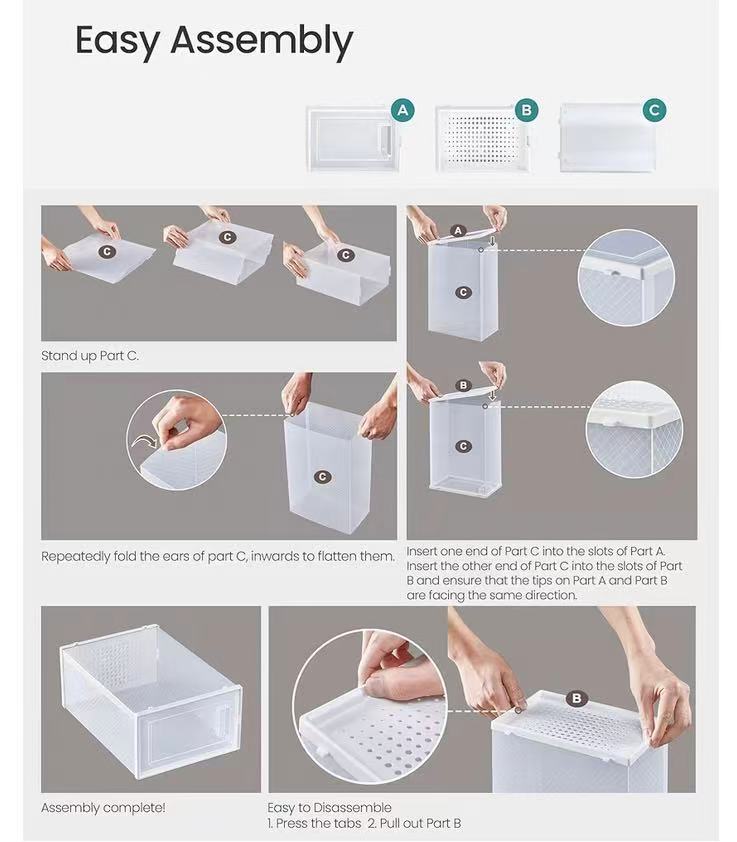 Foldable Shoe Boxes, Pack of 18 Shoe Storage Organizers, Stackable Clear Plastic Boxes for Closet, Fit up to US Size 11, Transparent and White