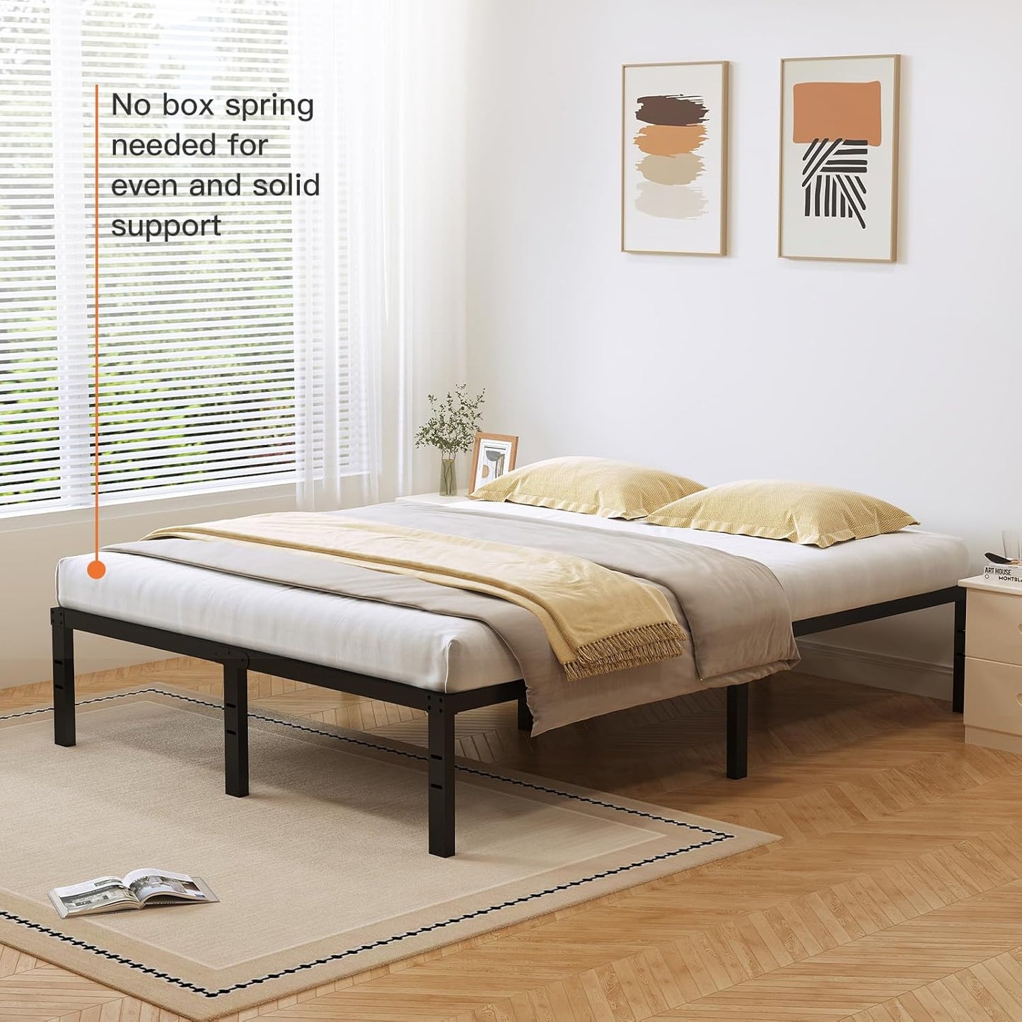 Queen Size Metal Bed Frame Sturdy Steel Slats Noise-Free Easy Assembly No Box Spring Required with Under-Bed Storage Easy Assembly and Ample Under-Bed Storage, Blackv