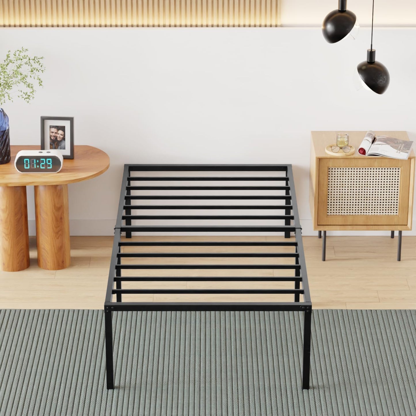 Twin Size Metal Bed Frame Sturdy Steel Slats Noise-Free Easy Assembly No Box Spring Required with Under-Bed Storage Easy Assembly and Ample Under-Bed Storage, Black