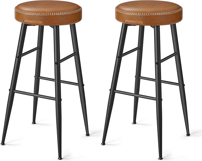 Bar Stools Set of 2, Kitchen Counter Stools, Dining Chairs, Synthetic Leather with Stitching, 30-Inch Tall, Home Bar Dining Room, Easy Assembly, Caramel Brown