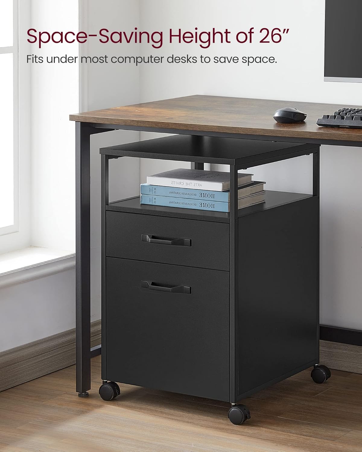 Metal File Cabinet, Mobile Filing Cabinet with Wheels, 2 Drawers, Open Shelf, for A4, Letter Size, Hanging File Folders, Cloud White