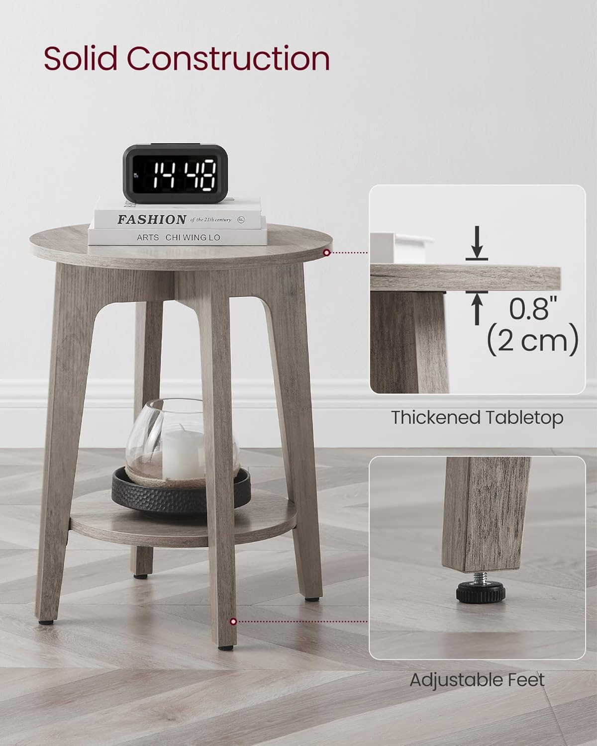 Wooden Side Table, 2-Tier Small Round End Table, Nightstand with Tapered Legs, Curved Transitions, for Small Spaces, Living Room, Bedroom
