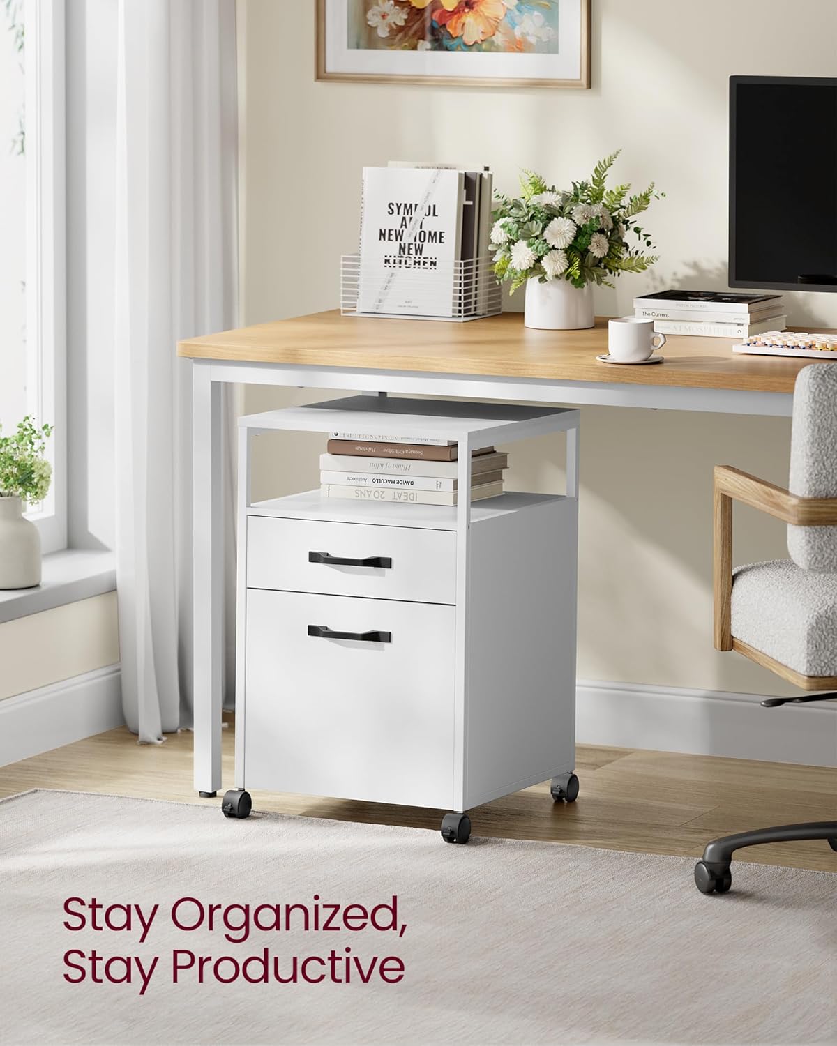 Metal File Cabinet, Mobile Filing Cabinet with Wheels, 2 Drawers, Open Shelf, for A4, Letter Size, Hanging File Folders, Cloud White