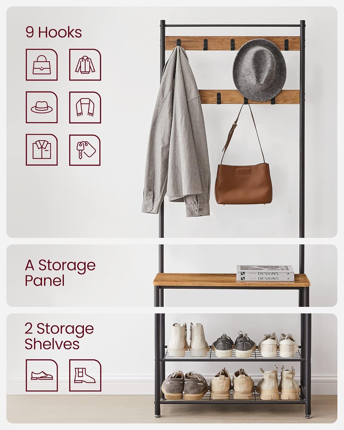 Entryway Coat Rack with Shoe Bench, Shoe Rack with Hall Tree, Rustic Brown