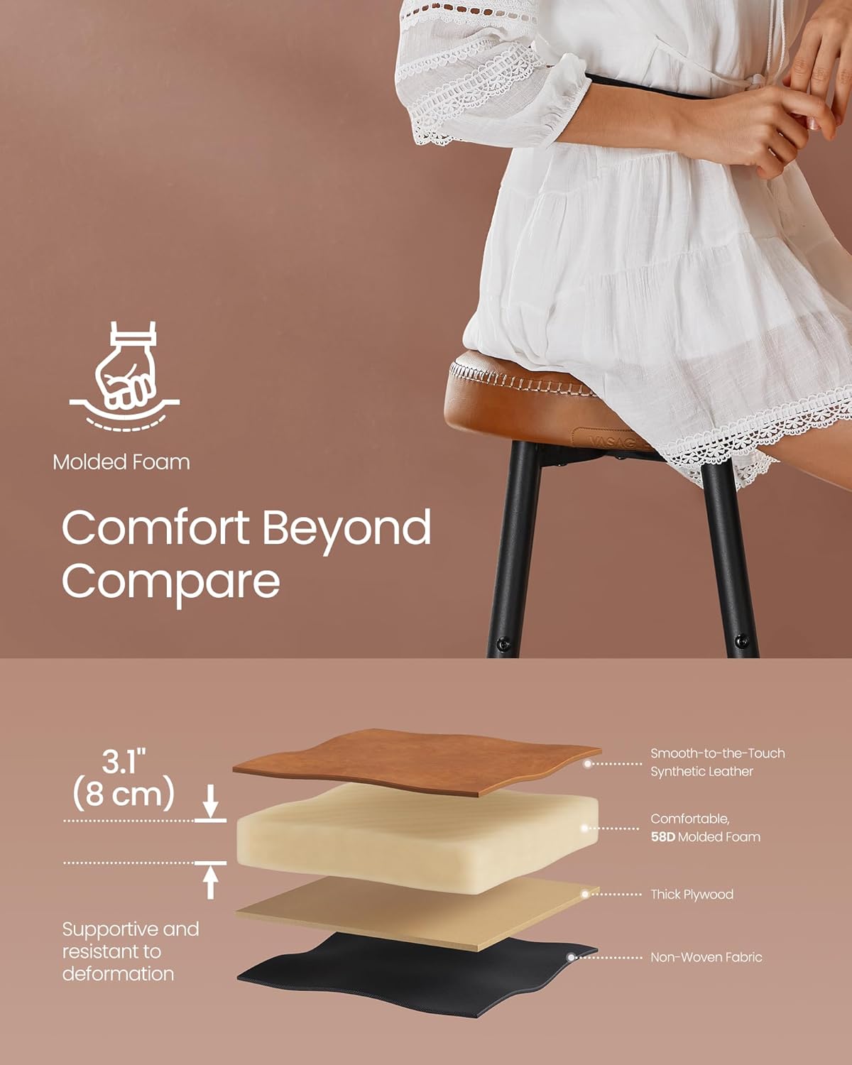 Bar Stools Set of 2, Kitchen Counter Stools, Dining Chairs, Synthetic Leather with Stitching, 30-Inch Tall, Home Bar Dining Room, Easy Assembly, Caramel Brown