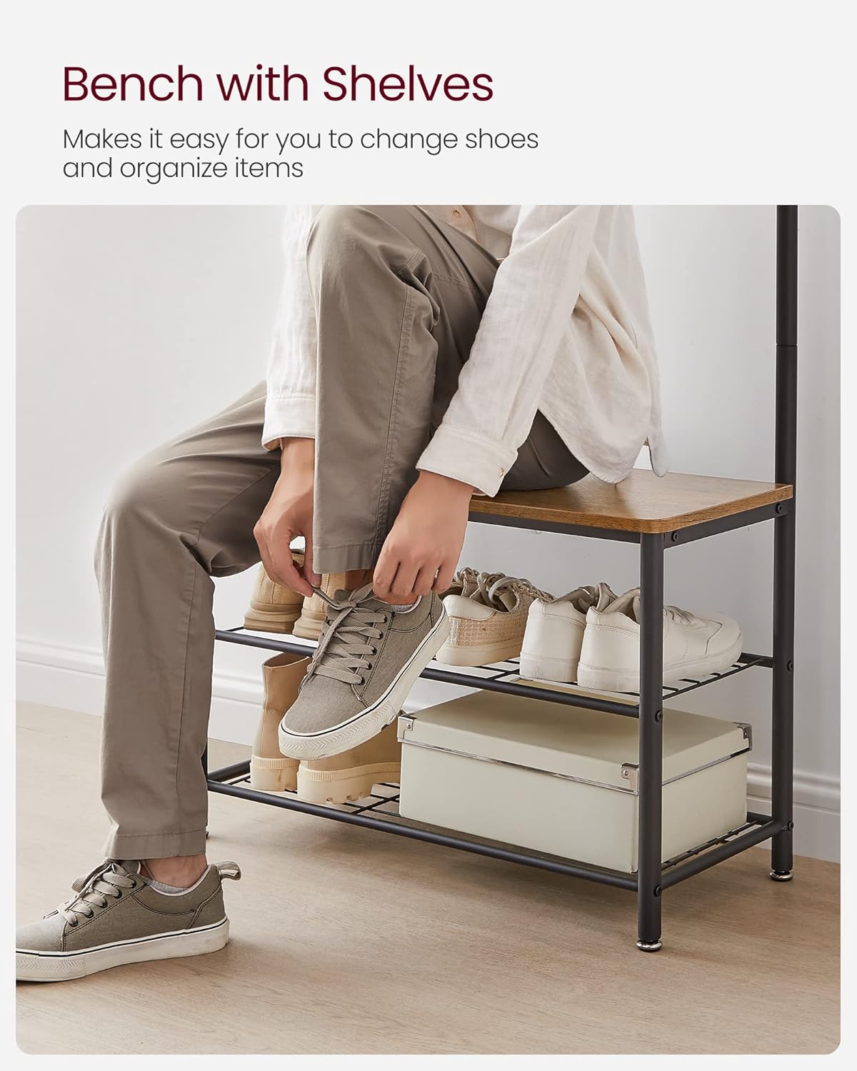 Entryway Coat Rack with Shoe Bench, Shoe Rack with Hall Tree, Rustic Brown