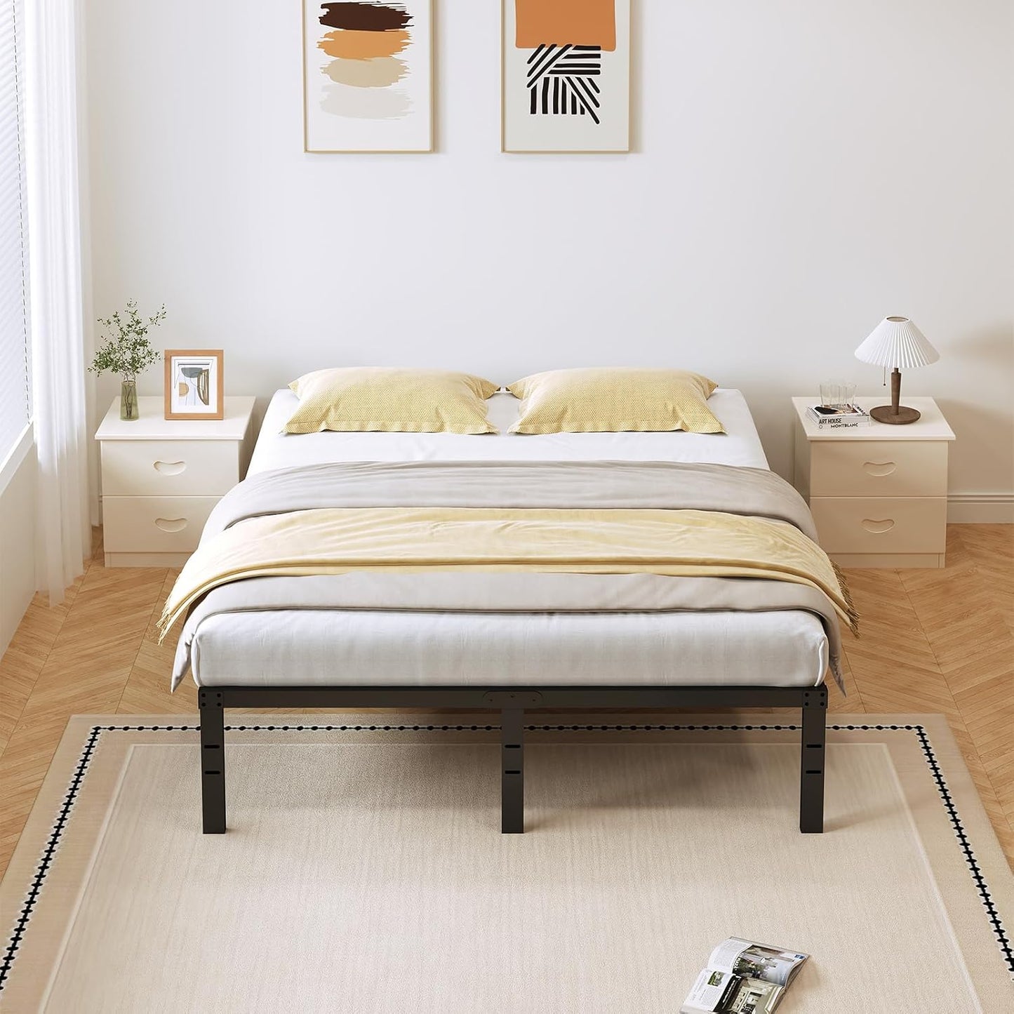 Queen Size Metal Bed Frame Sturdy Steel Slats Noise-Free Easy Assembly No Box Spring Required with Under-Bed Storage Easy Assembly and Ample Under-Bed Storage, Blackv