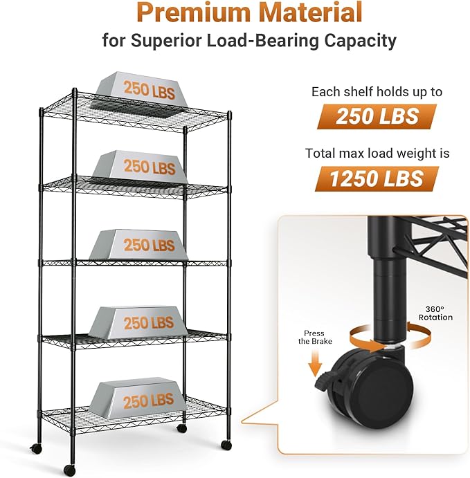 Heavy Duty 5-Tier Storage Rack with Wheels 76Lx36Wx158H, Shelf Shelving Unit 1250Lb Capacity, 29.92" D x 13.98" W x 62.99" H, Black