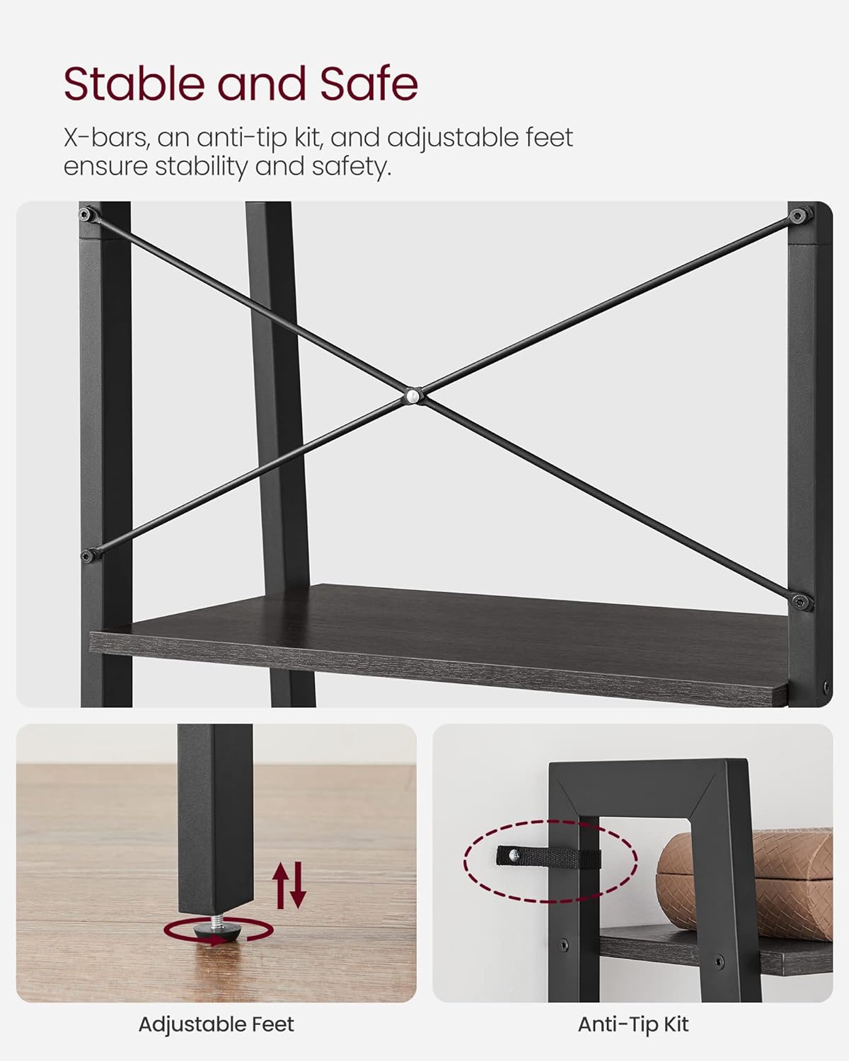 4-Tier Bookshelf, Storage Rack, Bookcase with Steel Frame, for Living Room, Home Office, Kitchen, Bedroom, Industrial Style, Ladder Shelf,  Matte Black