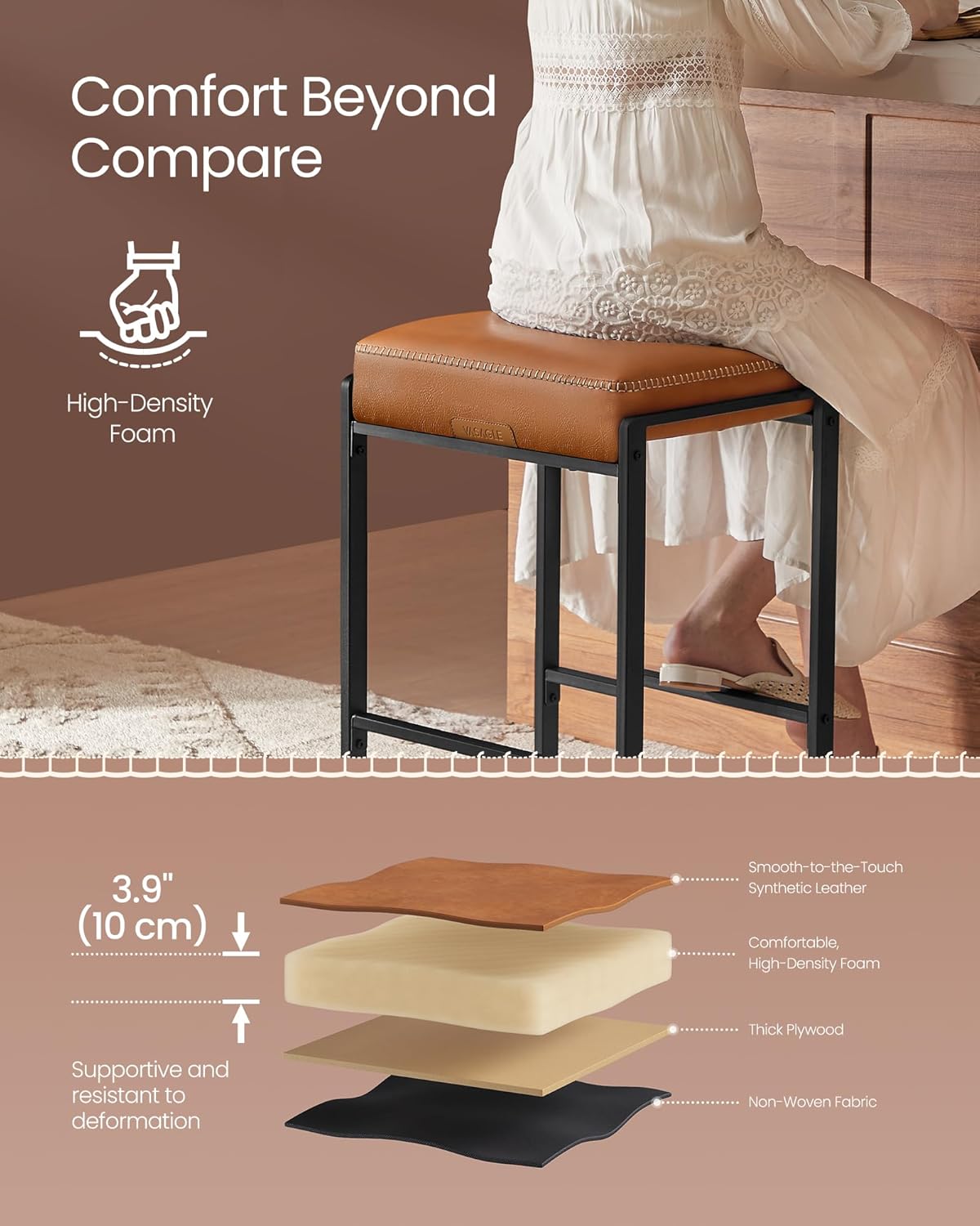 Bar Stools Set of 2, Counter Height Bar Stools, Synthetic Leather with Stitching, Mid-Century Modern Counter Stools, 26-Inch Tall, Kichen Home Bar Dining Room, Caramel Brown