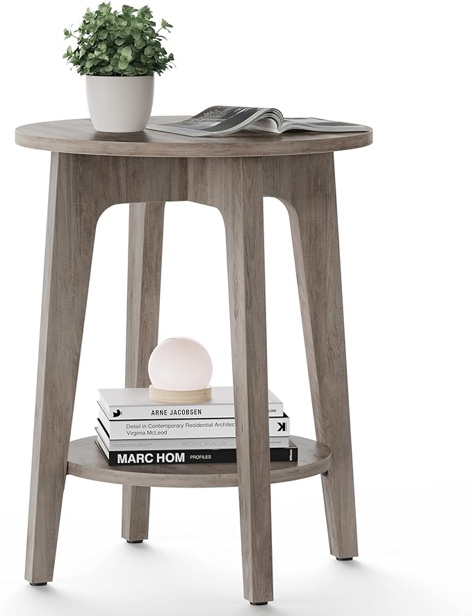Wooden Side Table, 2-Tier Small Round End Table, Nightstand with Tapered Legs, Curved Transitions, for Small Spaces, Living Room, Bedroom