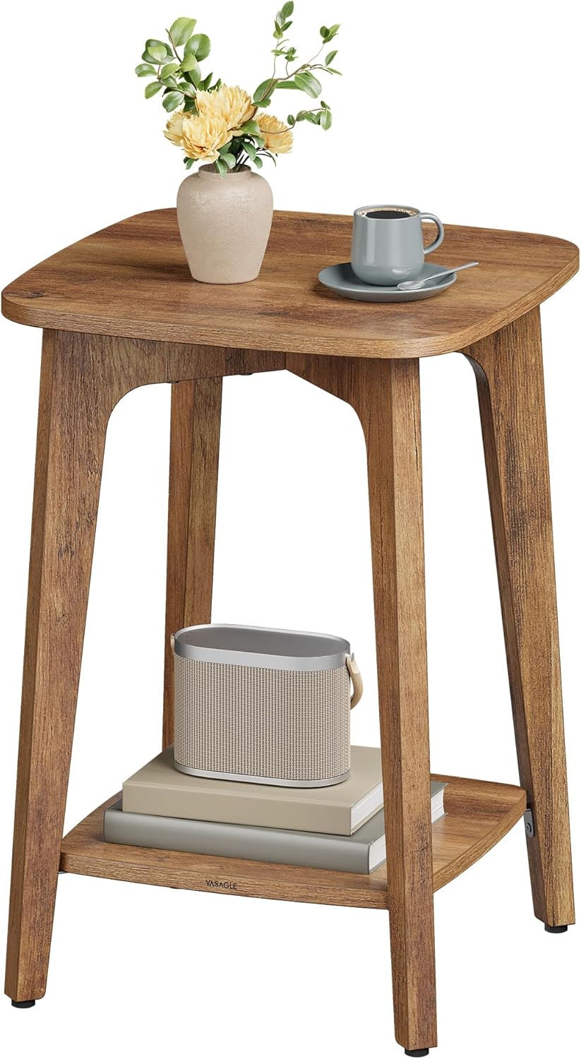 Wooden Side Table, 2-Tier Small Square End Table, Nightstand with Tapered Legs, Curved Transitions, for Small Spaces, Living Room, Bedroom, Honey Brown