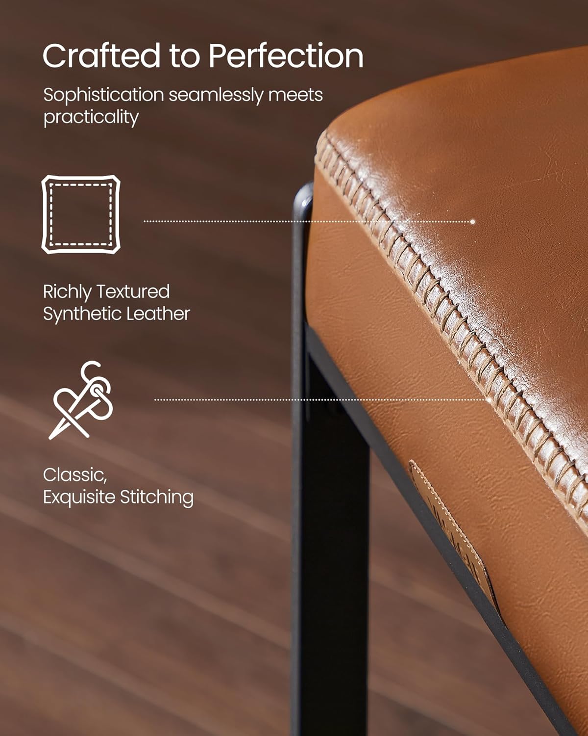 Bar Stools Set of 2, Counter Height Bar Stools, Synthetic Leather with Stitching, Mid-Century Modern Counter Stools, 26-Inch Tall, Kichen Home Bar Dining Room, Caramel Brown