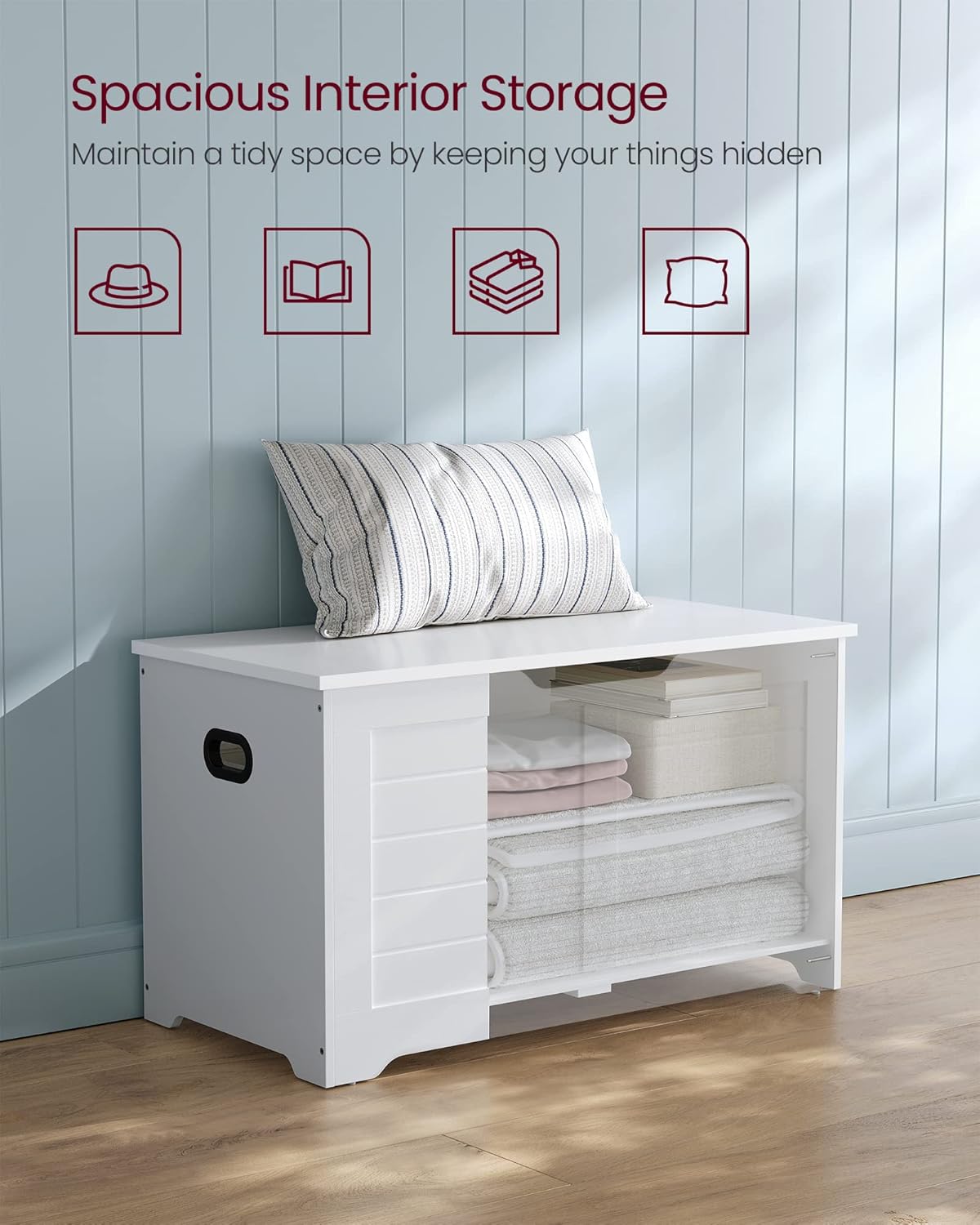 Multi-Colors Storage Chest, Storage Bench with 2 Safety Hinges, Farmhouse Style, 40 x 80 x 46 cm, for Entryway, Bedroom, Living Room, Cloud White